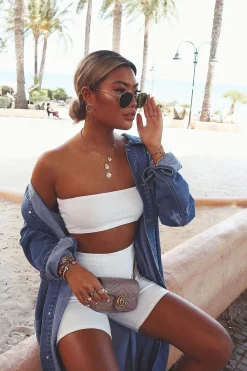 Rebellious Fashion White Bandeau And Cycling Shorts Co-ord - Edrie