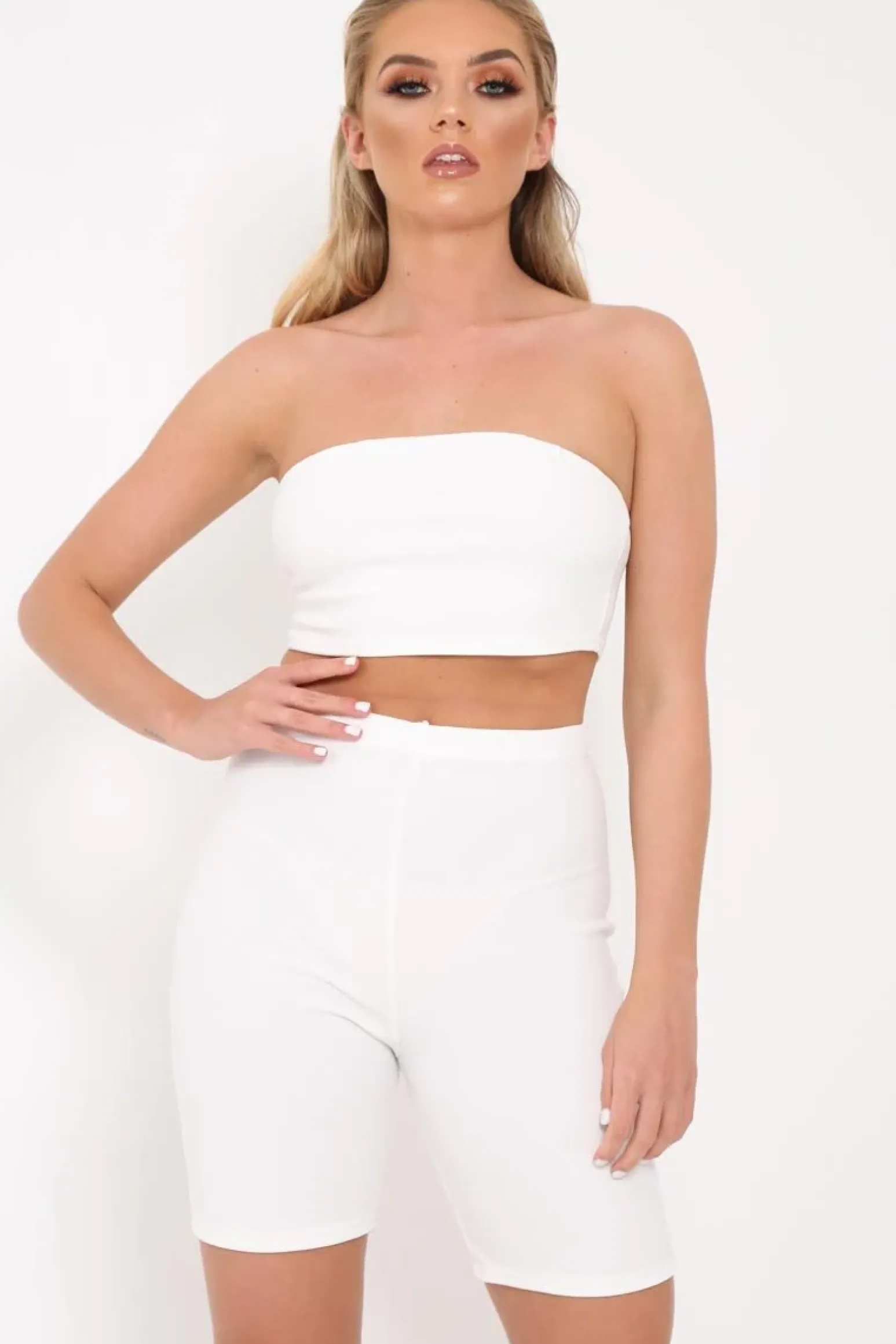 Rebellious Fashion White Bandeau And Cycling Shorts Co-ord - Edrie