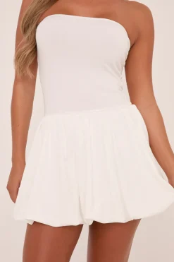 Rebellious Fashion White Bandeau Drop Waist Puffball Detail Mini Dress - Saffiya