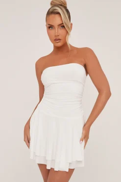 Rebellious Fashion White Bandeau Ruched Skater Mini Dress - Sifan