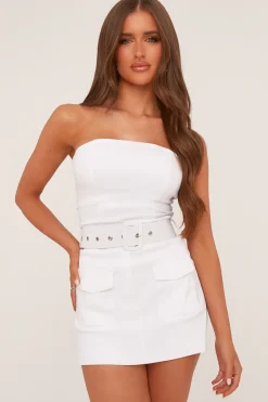 Rebellious Fashion White Bandeau Self Belt Mini Playsuit - Juni
