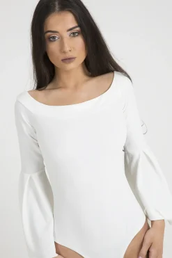 Rebellious Fashion White Bardot Bell Sleeve Bodysuit - Evelyn