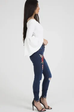 Rebellious Fashion White Bardot Bell Sleeve Bodysuit - Evelyn