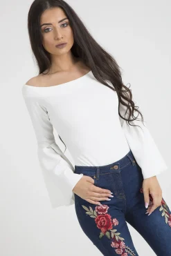 Rebellious Fashion White Bardot Bell Sleeve Bodysuit - Evelyn