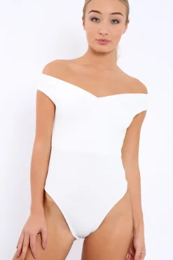 Rebellious Fashion White Bardot Bodysuit with V dip front - Hettie