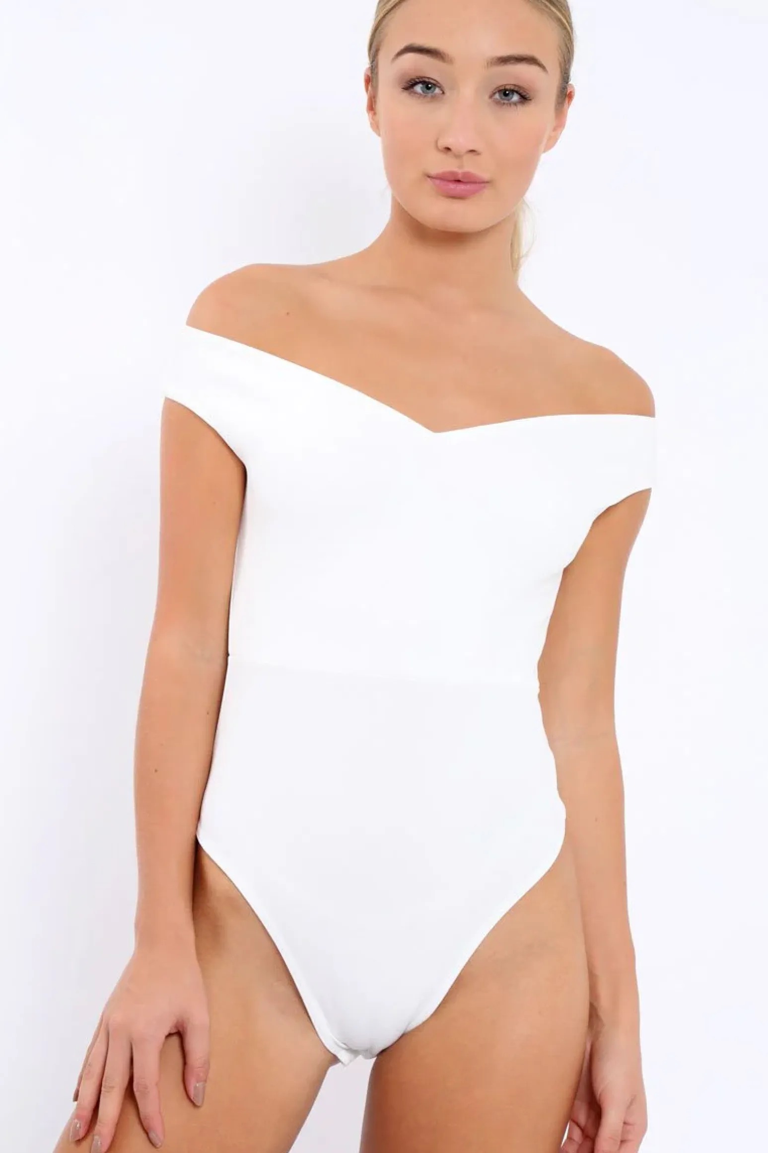 Rebellious Fashion White Bardot Bodysuit with V dip front - Hettie