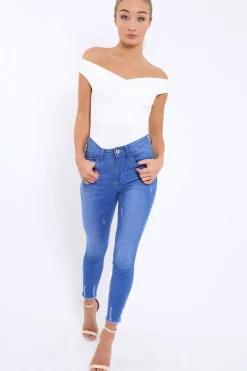 Rebellious Fashion White Bardot Bodysuit with V dip front - Hettie
