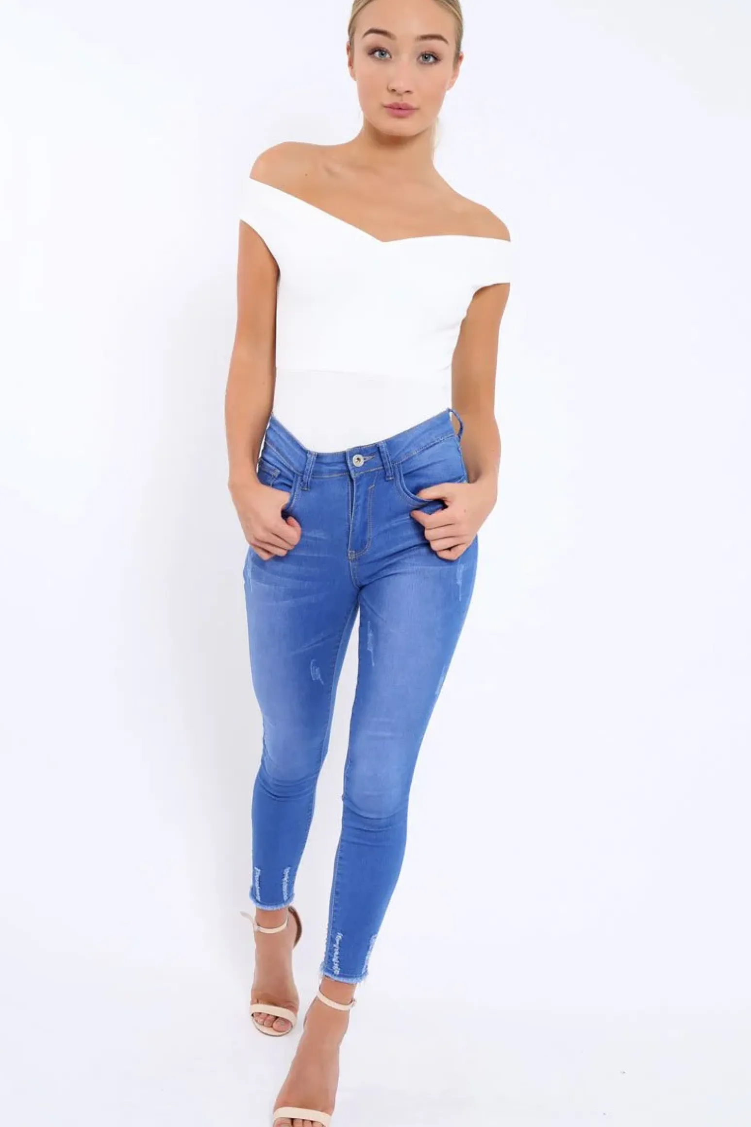 Rebellious Fashion White Bardot Bodysuit with V dip front - Hettie