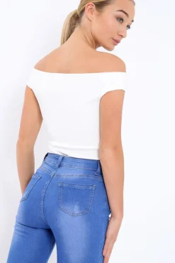 Rebellious Fashion White Bardot Bodysuit with V dip front - Hettie