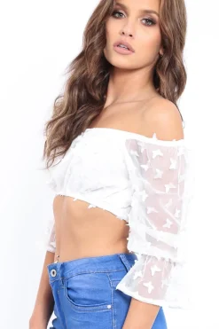 Rebellious Fashion White Bardot Butterfly Applique Mesh Crop Top - Rayella