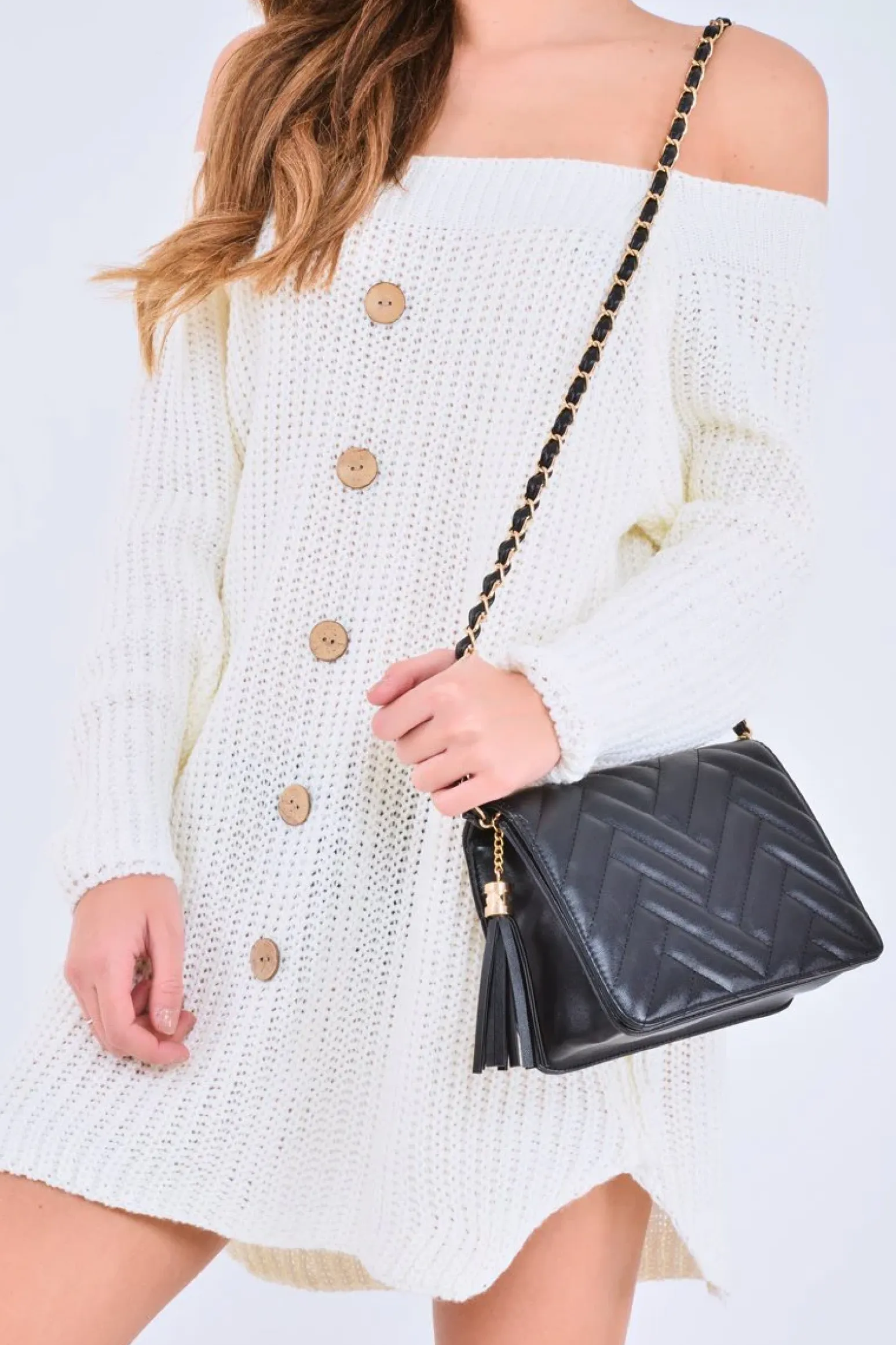 Rebellious Fashion White Bardot Button Front Chunky Knit Jumper Dress - Syanna