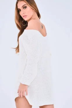 Rebellious Fashion White Bardot Button Front Chunky Knit Jumper Dress - Syanna