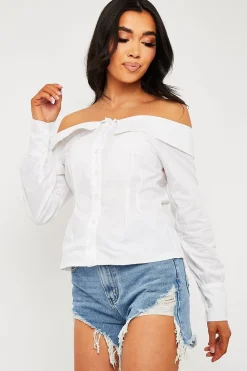 Rebellious Fashion White Bardot Button Front Shirt Top - Rainee