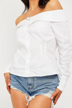 Rebellious Fashion White Bardot Button Front Shirt Top - Rainee