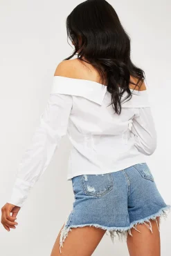 Rebellious Fashion White Bardot Button Front Shirt Top - Rainee