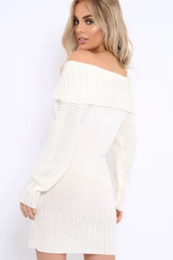Rebellious Fashion White Bardot Chunky Knit Jumper Dress - Kaidyn