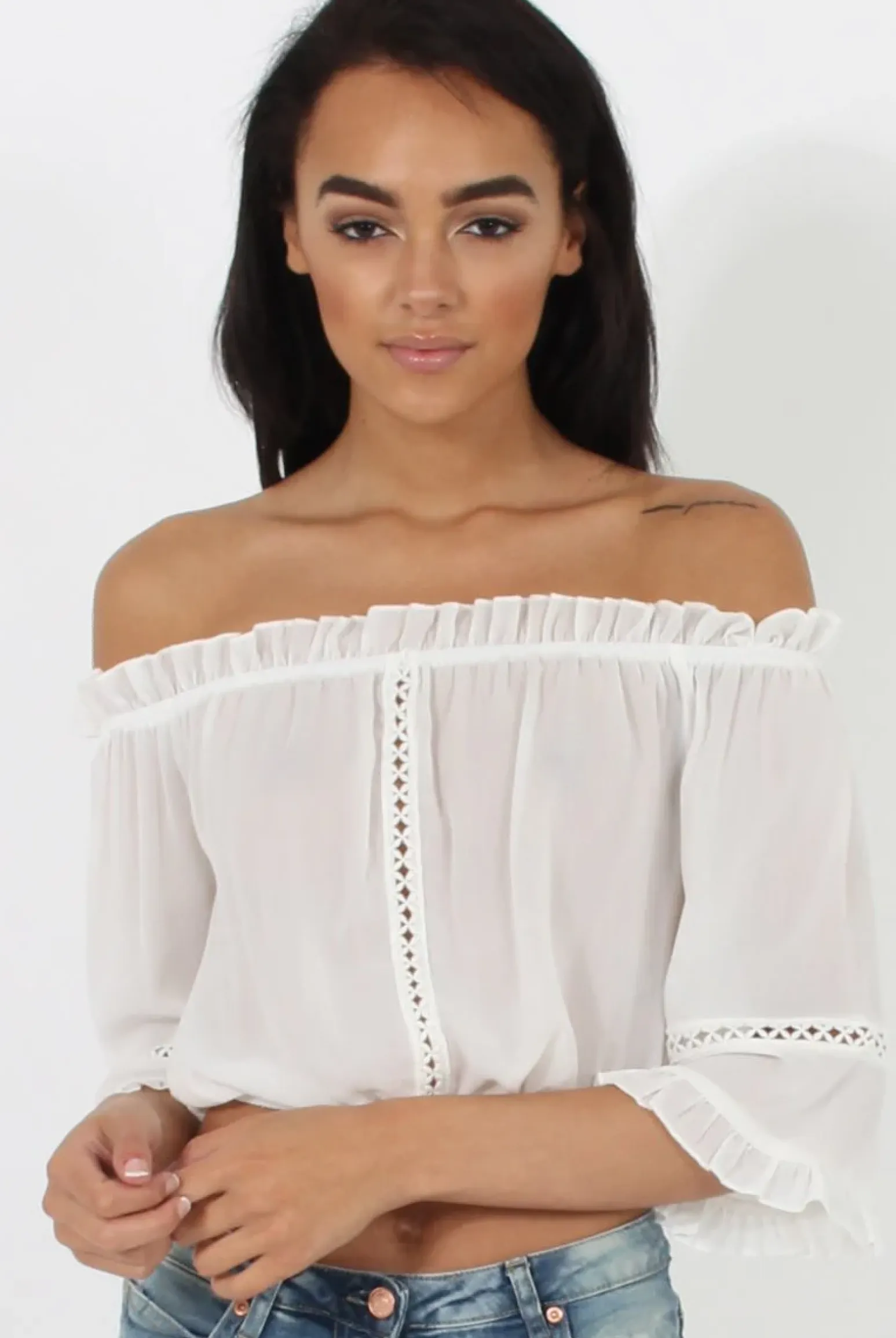 Rebellious Fashion White Bardot Crochet Detail Crop- Bernie