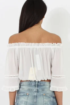 Rebellious Fashion White Bardot Crochet Detail Crop- Bernie