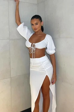 Rebellious Fashion White Bardot Cropped Top & Front Slit Skirt Co-ord Set - Vanika