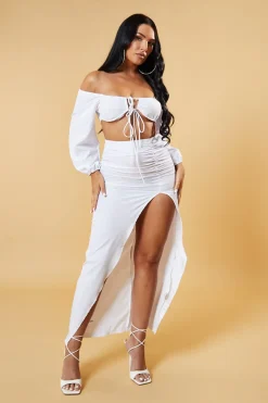 Rebellious Fashion White Bardot Cropped Top & Front Slit Skirt Co-ord Set - Vanika