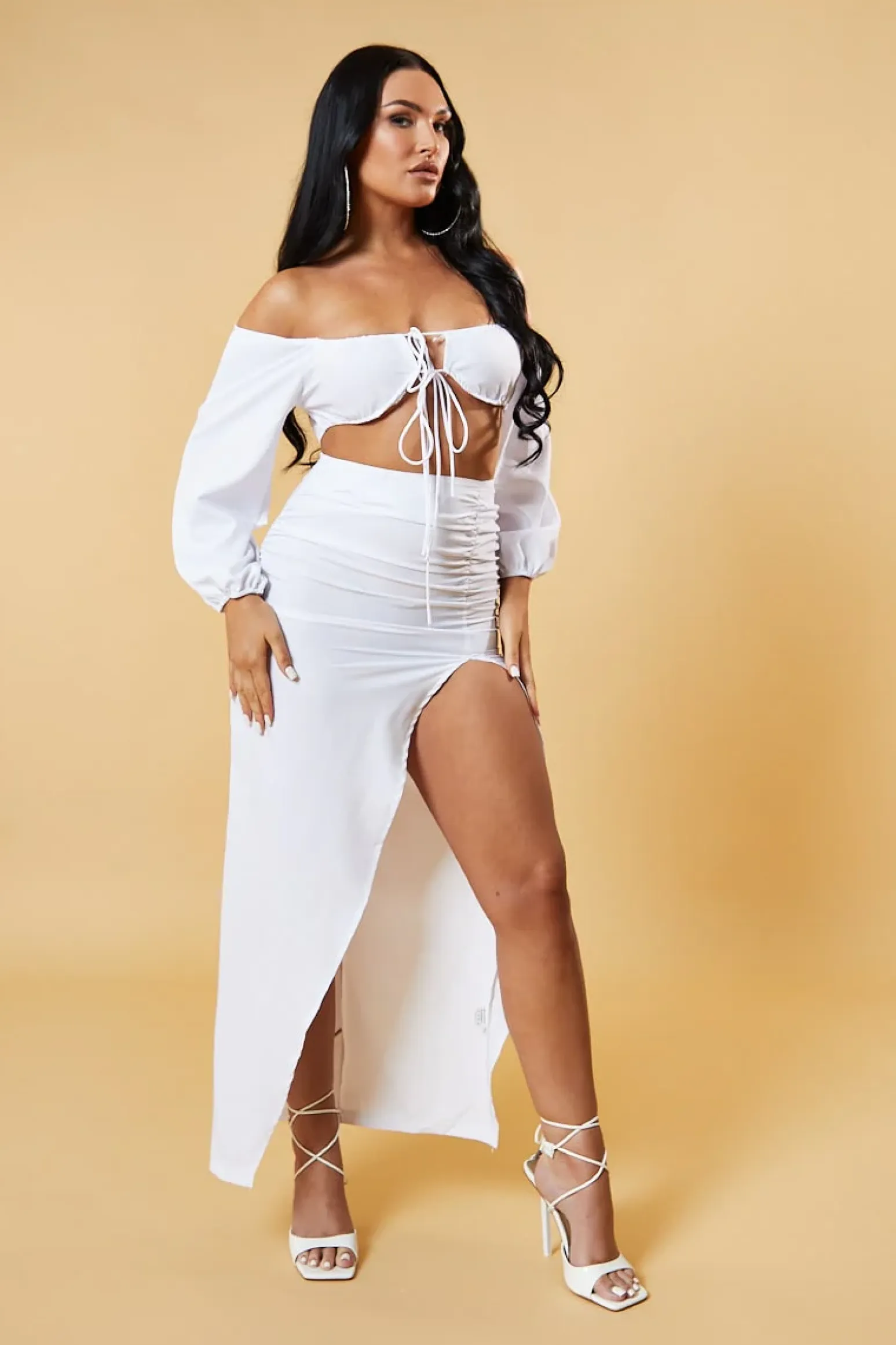 Rebellious Fashion White Bardot Cropped Top & Front Slit Skirt Co-ord Set - Vanika