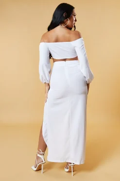 Rebellious Fashion White Bardot Cropped Top & Front Slit Skirt Co-ord Set - Vanika