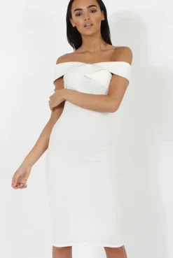 Rebellious Fashion White Bardot Cross Over Detail Midi Dress- China