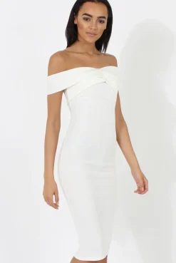 Rebellious Fashion White Bardot Cross Over Detail Midi Dress- China