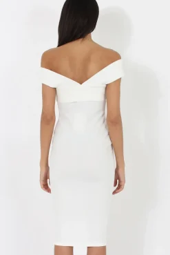 Rebellious Fashion White Bardot Cross Over Detail Midi Dress- China