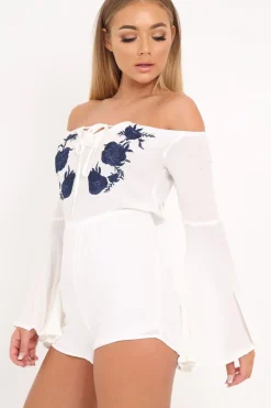 Rebellious Fashion White Bardot Embroidered Playsuit - Siena