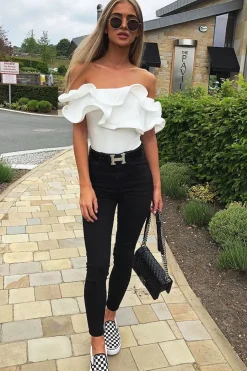 Rebellious Fashion White Bardot Extreme Frill Bodysuit - Diandra