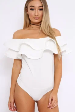 Rebellious Fashion White Bardot Extreme Frill Bodysuit - Diandra