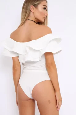 Rebellious Fashion White Bardot Extreme Frill Bodysuit - Diandra