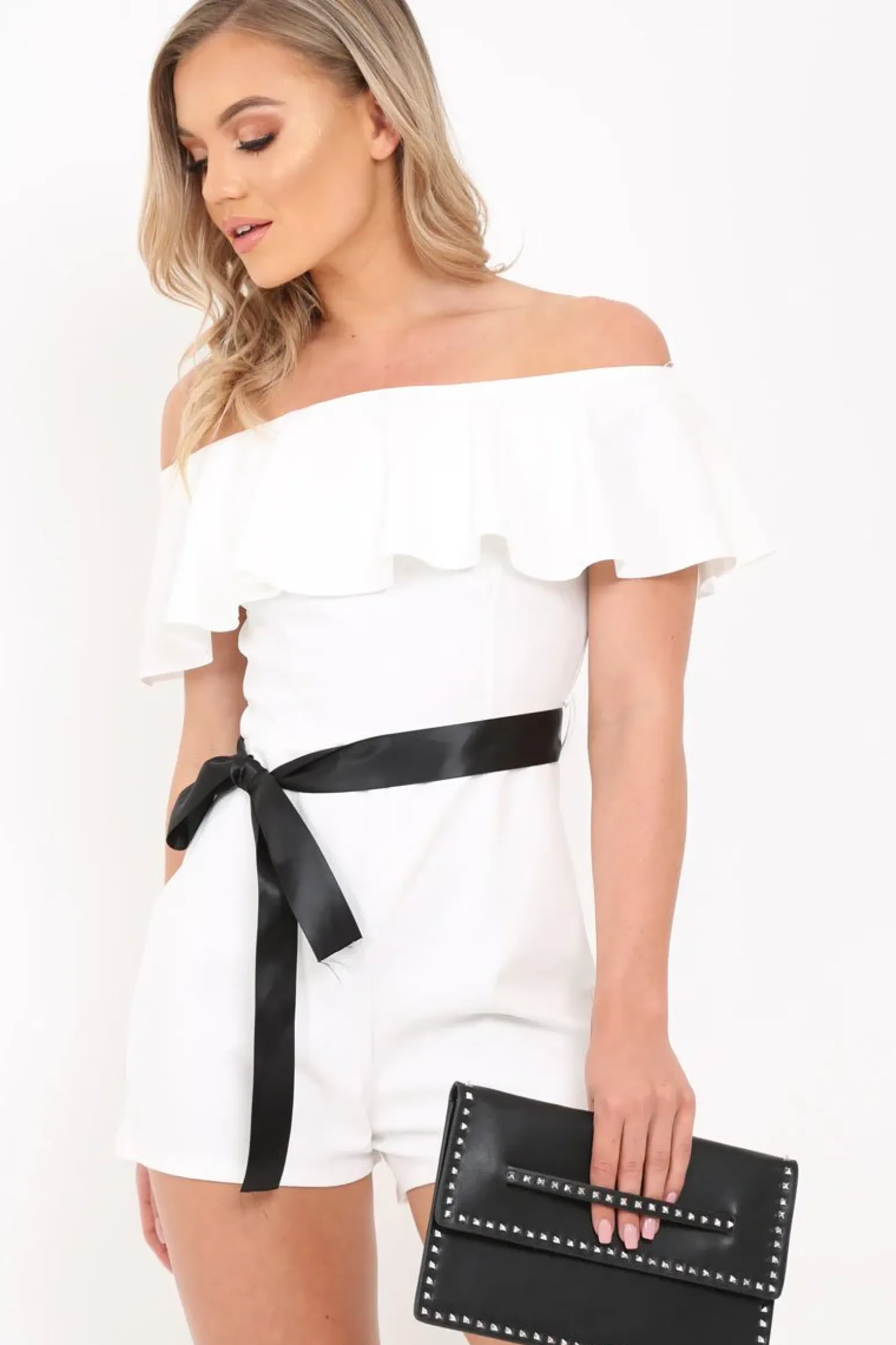 Rebellious Fashion White Bardot Frill Belted Playsuit - Saffron