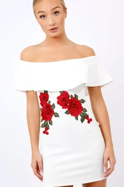 Rebellious Fashion White Bardot Frill Bodycon Applique Dress - Leticia