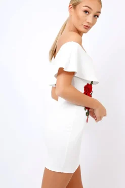 Rebellious Fashion White Bardot Frill Bodycon Applique Dress - Leticia