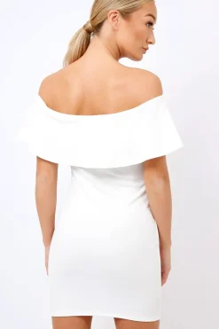 Rebellious Fashion White Bardot Frill Bodycon Applique Dress - Leticia