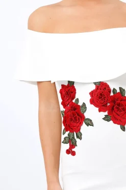 Rebellious Fashion White Bardot Frill Bodycon Applique Dress - Leticia