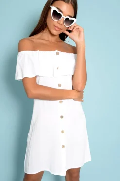 Rebellious Fashion White Bardot Frill Button Front Dress - Julissa