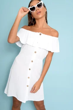 Rebellious Fashion White Bardot Frill Button Front Dress - Julissa