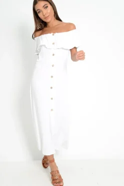 Rebellious Fashion White Bardot Frill Button Front Midi Dress - Clancy