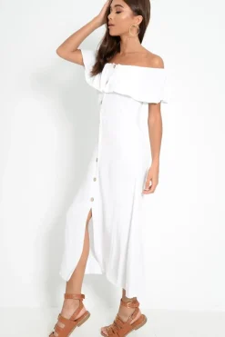 Rebellious Fashion White Bardot Frill Button Front Midi Dress - Clancy