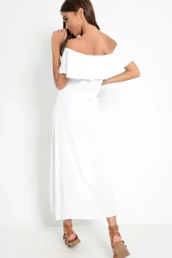 Rebellious Fashion White Bardot Frill Button Front Midi Dress - Clancy