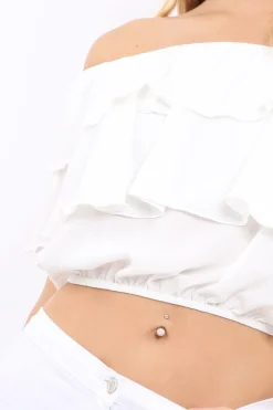 Rebellious Fashion White Bardot Frill Crop Top - Laila