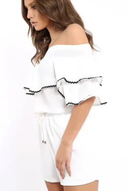 Rebellious Fashion White Bardot Frill Drawstring Tie Playsuit - Micah