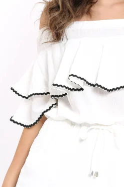 Rebellious Fashion White Bardot Frill Drawstring Tie Playsuit - Micah
