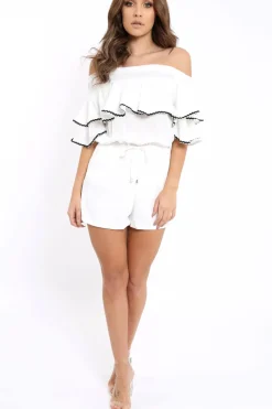 Rebellious Fashion White Bardot Frill Drawstring Tie Playsuit - Micah