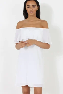 Rebellious Fashion White Bardot Frill Dress - Ophelia