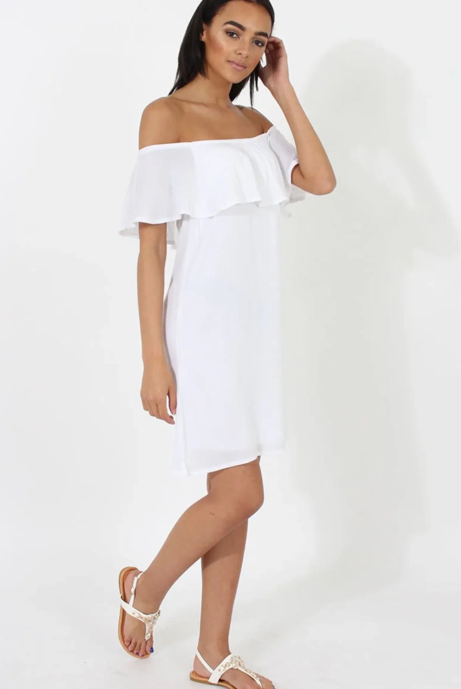 Rebellious Fashion White Bardot Frill Dress - Ophelia