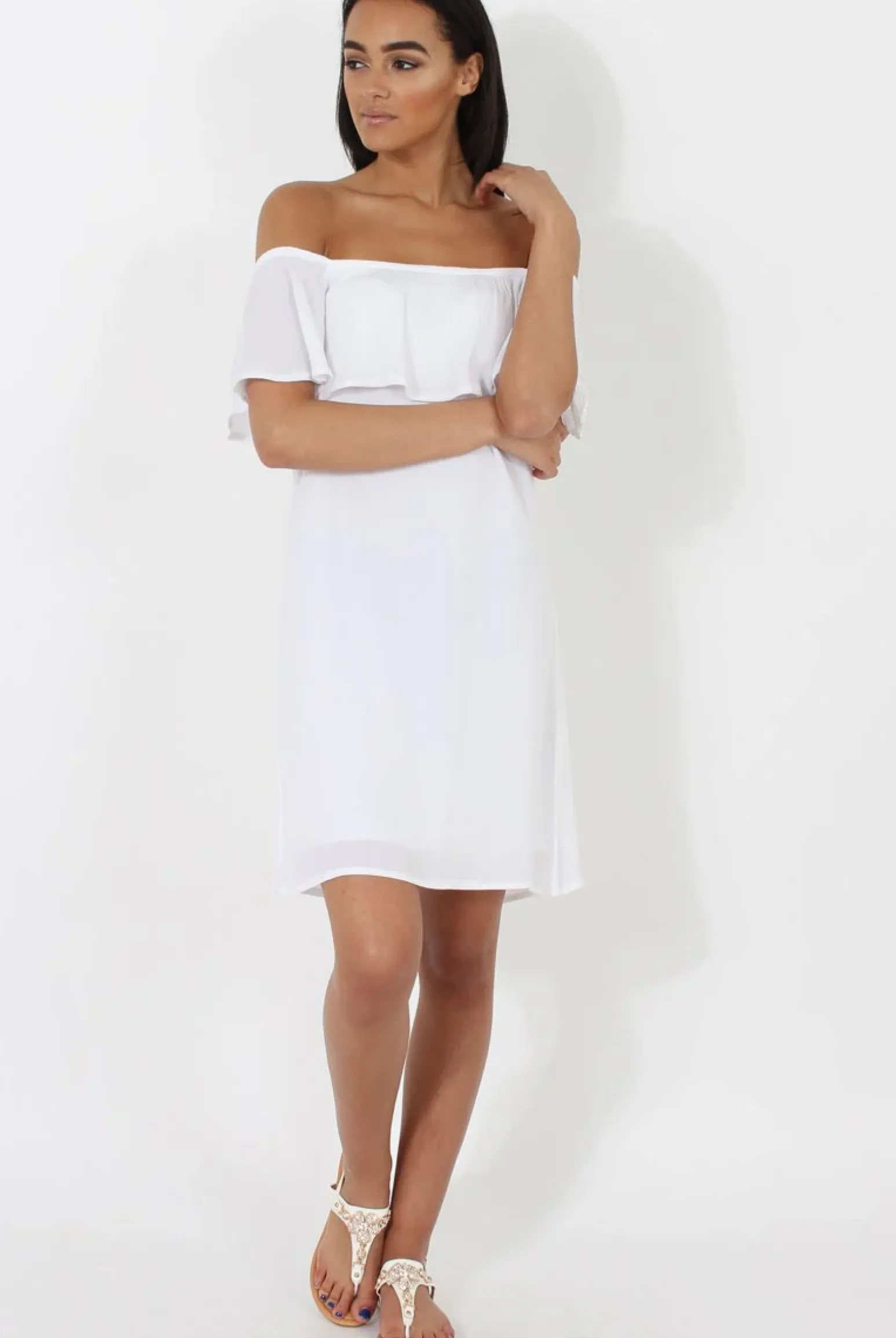 Rebellious Fashion White Bardot Frill Dress - Ophelia